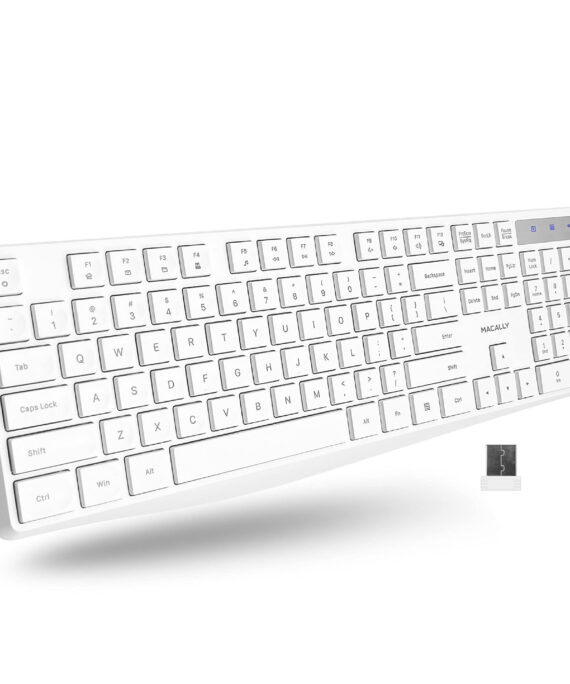 Macally Wireless Keyboard, 2.4G Ergonomic Full Size White Keyboard with Numeric Keypad & 13 Shortcut Keys